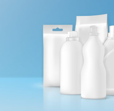 Detergent bottles packages realistic composition with abstract background and bunch of white plastic bottles with reflections vector illustration