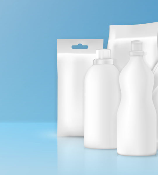 Detergent bottles packages realistic composition with abstract background and bunch of white plastic bottles with reflections vector illustration